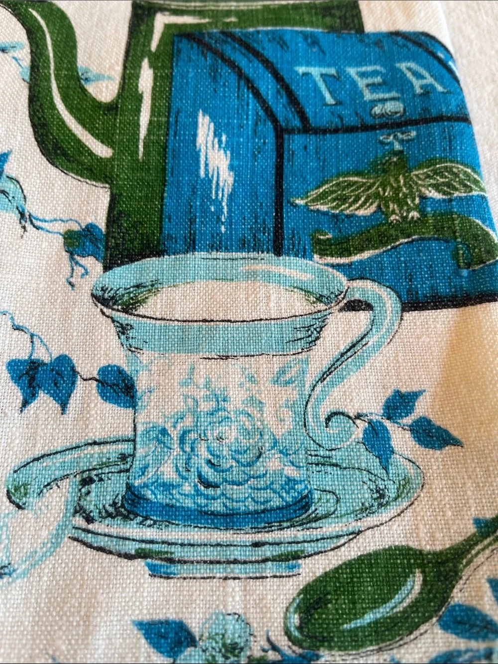 Vintage Tea Time Kitchen Tea Towel - Blue & Green